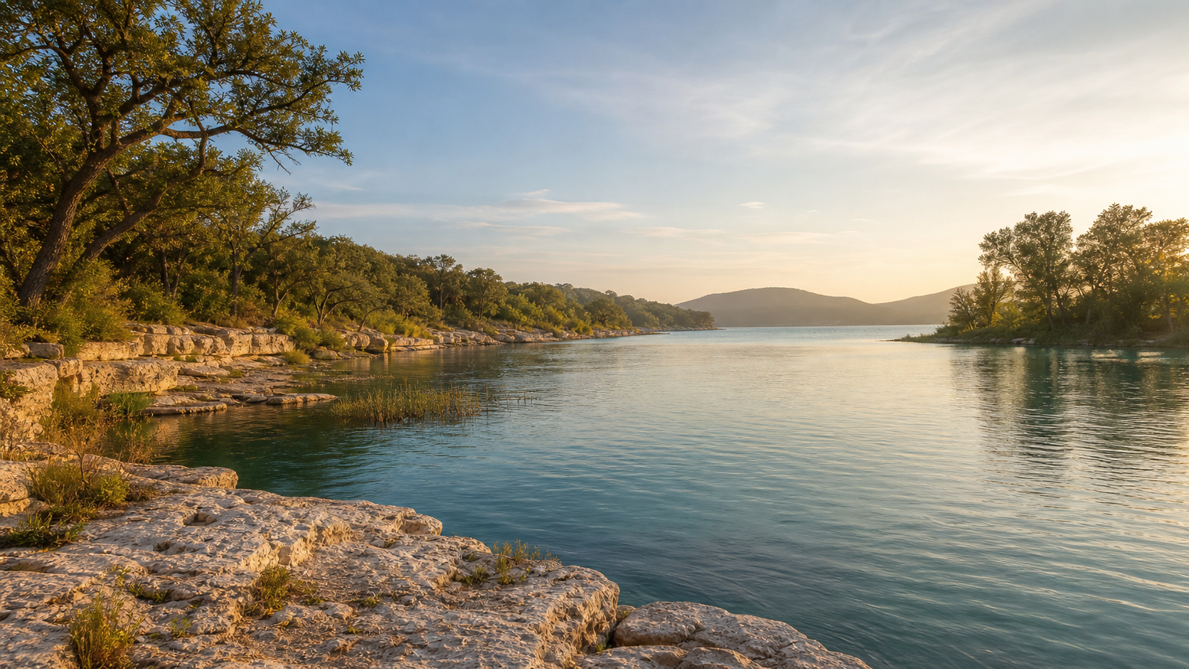 Texas Hill Country river with limestone, trees, and warm morning light.